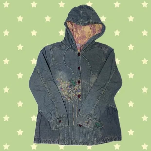 일본 빈티지 모리걸 보헤미안 자수 후드 청자켓