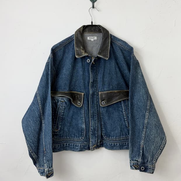 90s WOLVO 레더 믹스드 데님 봄버