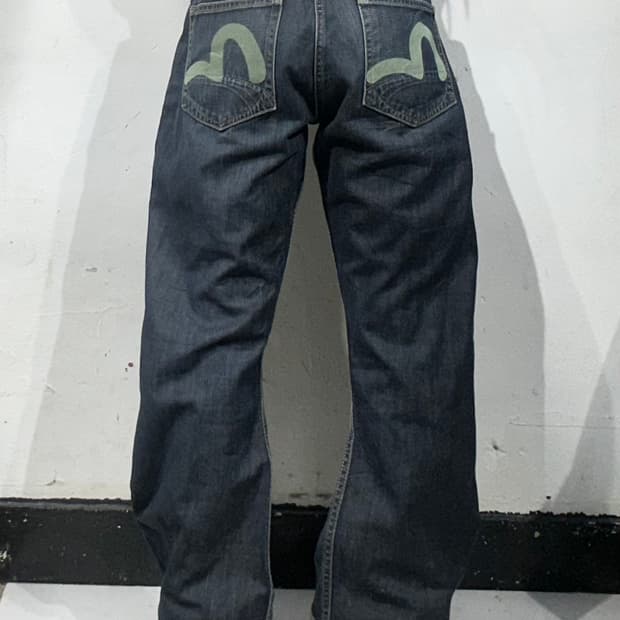 에비수 진청 와이드 부츠컷 워싱 프린팅 데님 팬츠 청바지 34