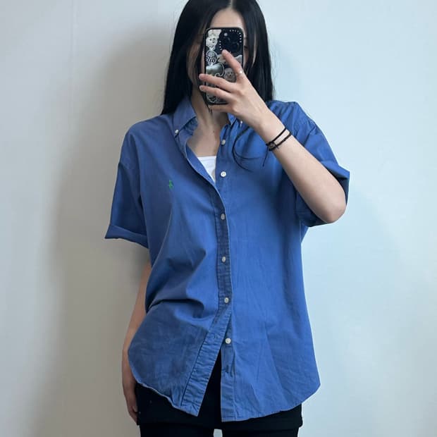 폴로 랄프로렌 자수로고 블루 솔리드 하프 셔츠