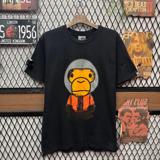 00s 베이프 반팔 티셔츠 전면 사루 프린팅 포인트 블랙