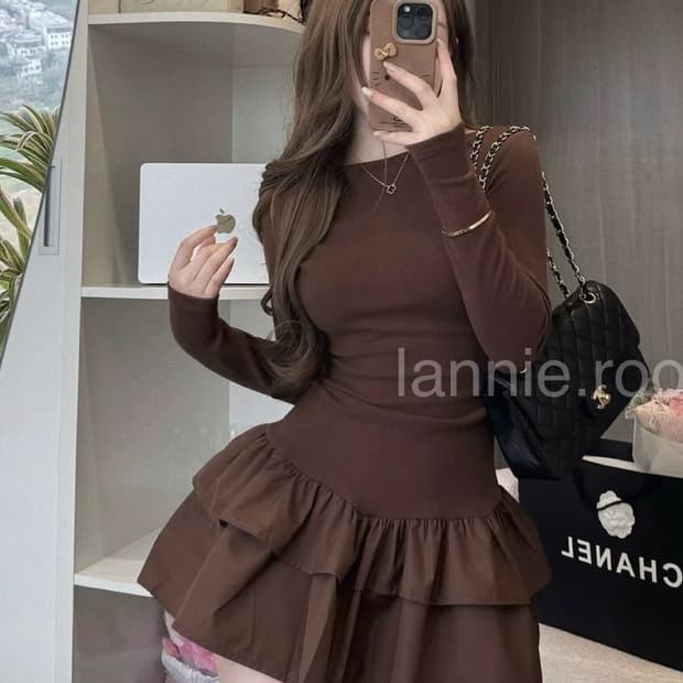 브라운 프릴 미니 원피스 새상품