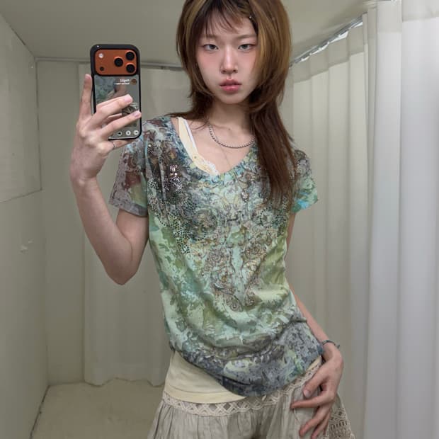 (상의 세트) 그런지 페어리 큐빅 반팔 티셔츠 + 옐로우 란제리코어 나시