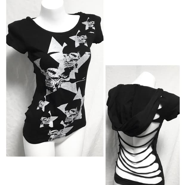 빈티지 glad news 글래드뉴스 펑크 해골 백 트임 후드 반소매 탑