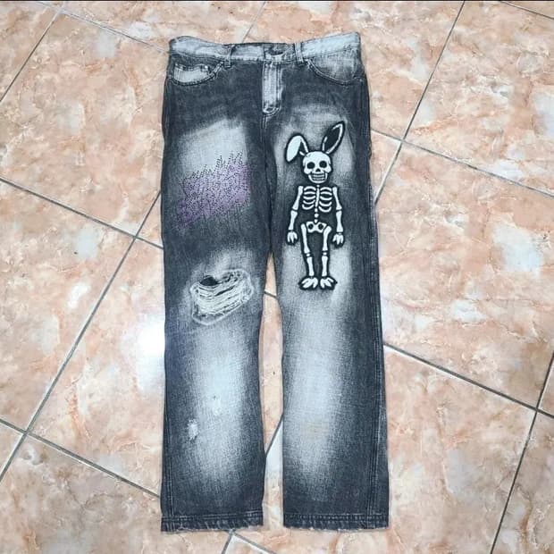 candy stripper 해골 토끼 데님 워싱 청바지