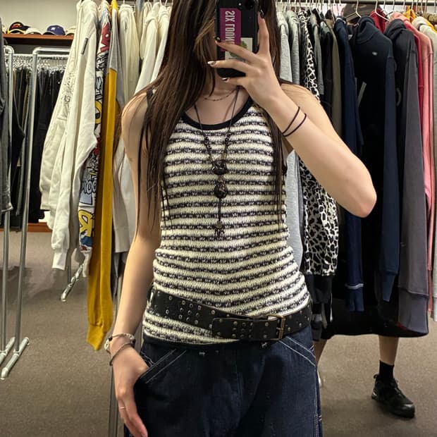 M)Japanese vintage 여성 줄무늬 니트 나시