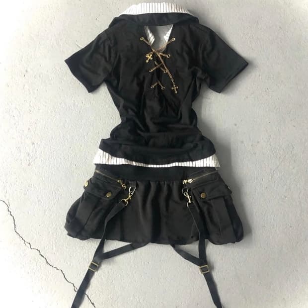 큐빈티지 리메이크 카고 블랙 팬츠 스커트 큐롯 포켓 벨트 y2k 펑크