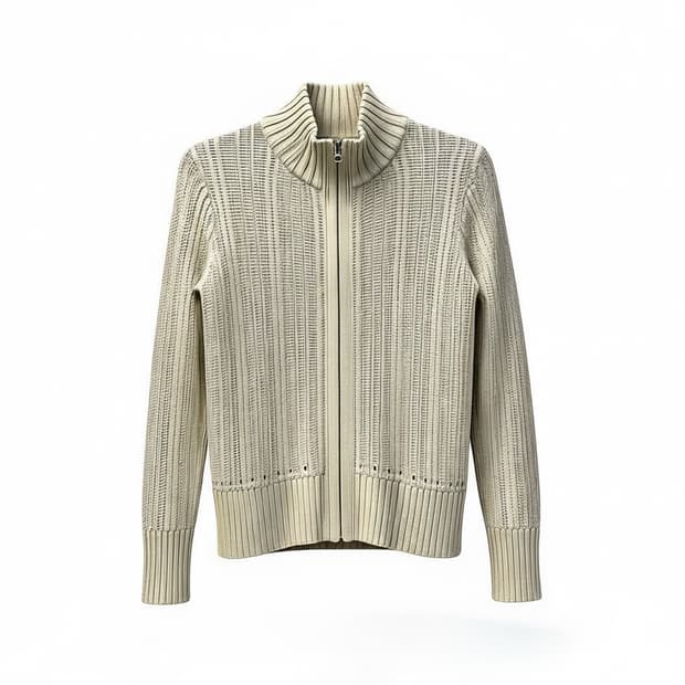 JPN VINTAGE 하이넥 골지 니트집업 미드게이지 디테일 아이보리