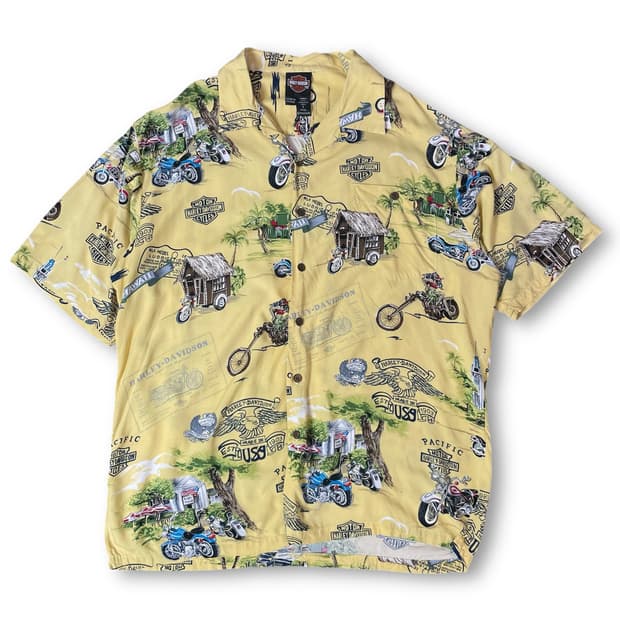 할리데이비슨 옐로우 야자수 하와이안 반팔 셔츠 L