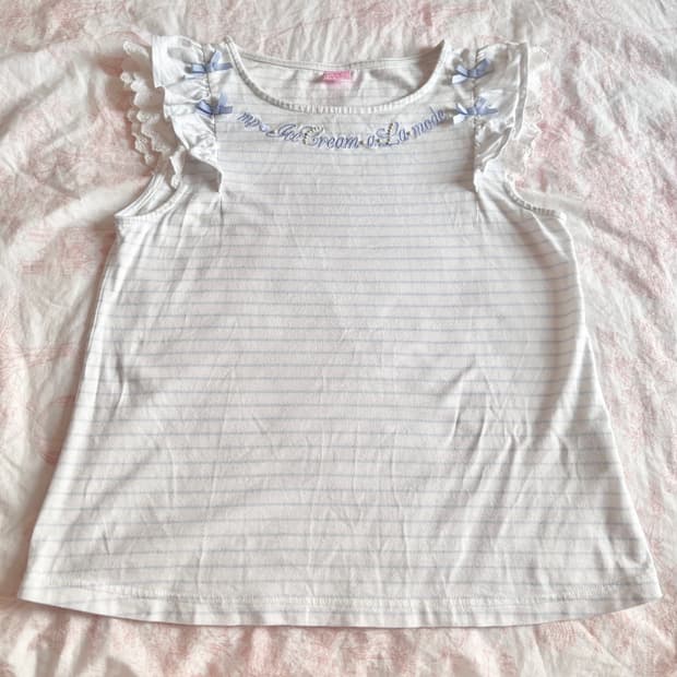 메조피아노 화이트 블루 리본 레이스 민소매 티셔츠 프릴 빈티지 일브 히메