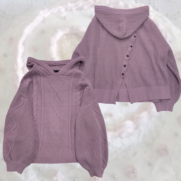 일본 빈티지 연보라 뒷 절개 버튼 포인트 니트 후드 티