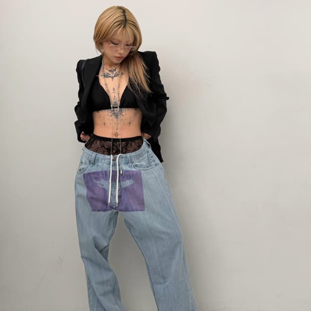 팬티 프린팅 와이드 데님 