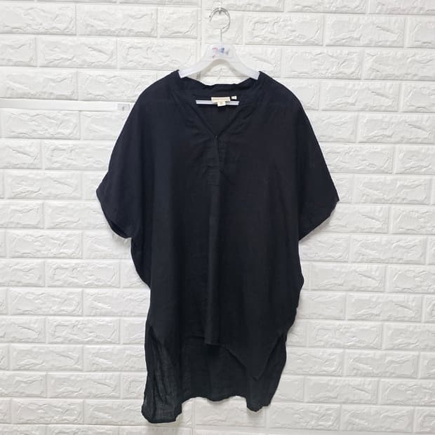 DKNY 블랙 오버핏 마 린넨 반팔 블라우스 S