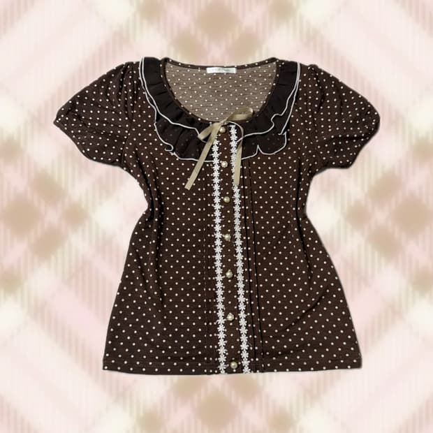 브라운 도트 땡땡이 리본 로걀탑 블라우스 라떼 히메 갸루 러블리 로걀