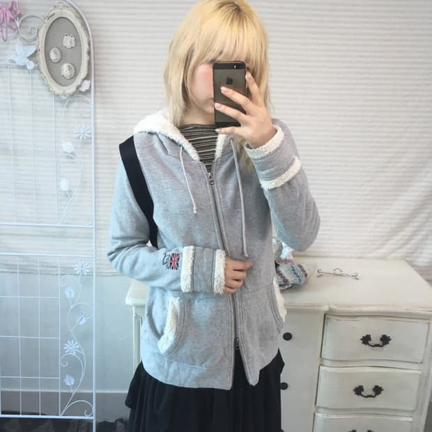 일본빈티지 유니온 그레이 양털 트리밍 후드집업