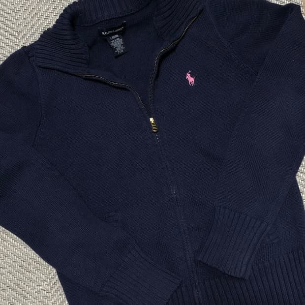 빈티지 폴로 네이비 핑크 니트 집업