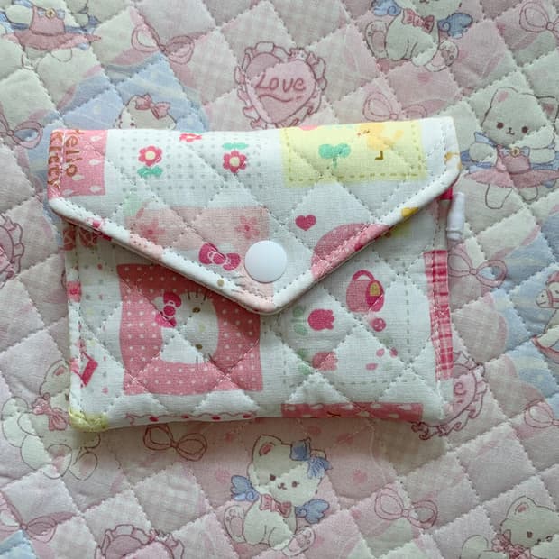 [ 핸드메이드 ] 헬로키티 핑크 체크무늬 똑딱이 카드지갑