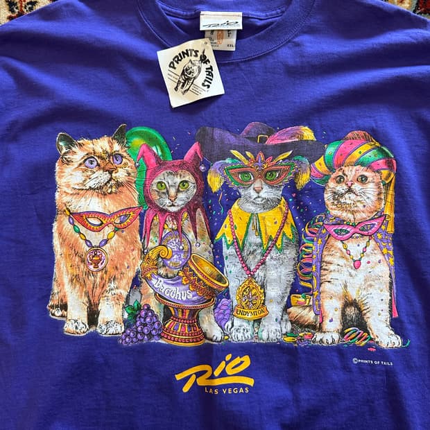 90s 데드스탁 리오 '마디그라 고양이' 아트웍티 - 2XL