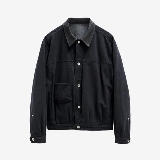 폴리테루 유즈드 트러커 자켓 블랙 레더 칼라