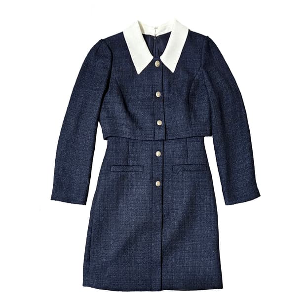 sistina 트위드 배색 칼라 네이비 원피스