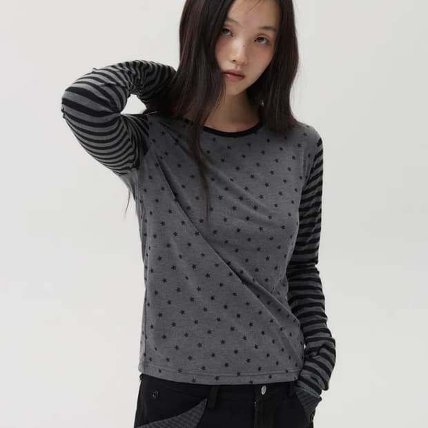 STAR STRIPE LONG T-SHIRT, CHARCOAL
