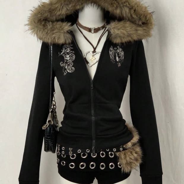 갸루 프린팅 퍼 후드집업