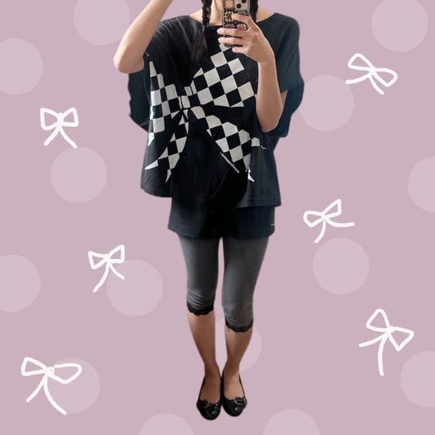 메르시보꾸 체커보드 리본 티셔츠