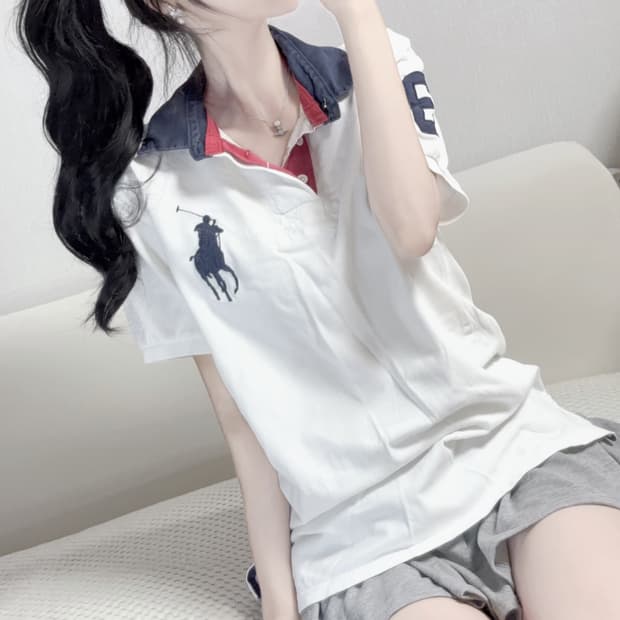 폴로 랄프로렌 빅포니 배색 화이트 네이비 반팔 카라티 L