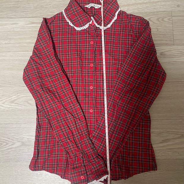 레드 체크 레이스 셔츠 블라우스 너드룩