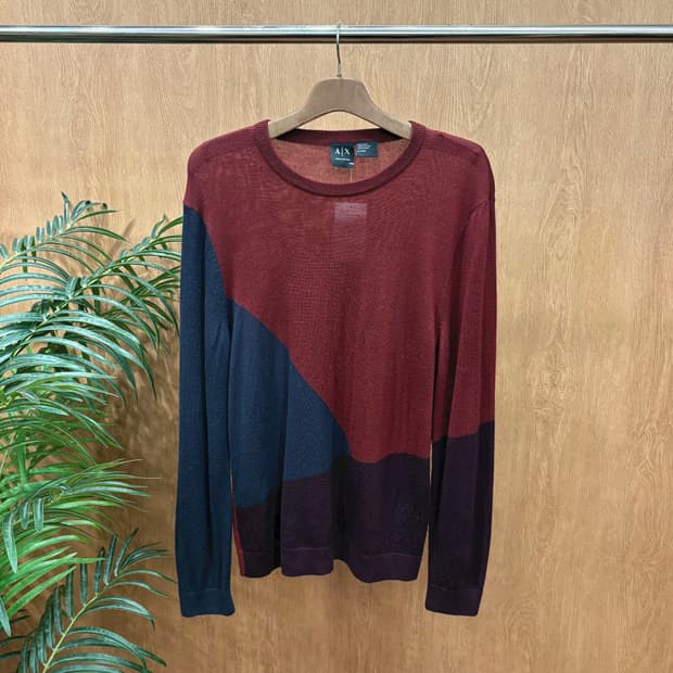 아르마니 익스체인지 라운드넥 울 긴팔 니트 배색 디테일 레귤러핏 와인
