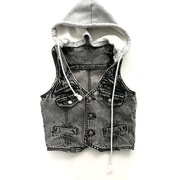Grey Denim attached hoodie mini vest