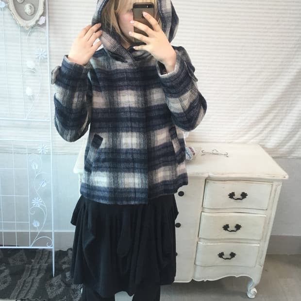 일본빈티지 체크 후드 블루종 겨울 자켓