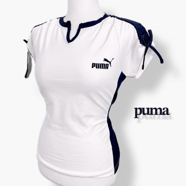 빈티지 퓨마 푸마 puma 흰검네이비 발레코어 리본 셔링 딱붙 반팔 탑