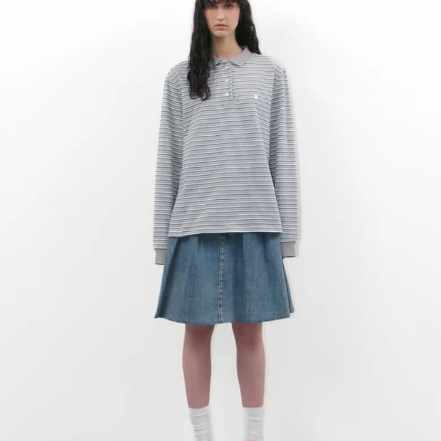 파르티멘토 우먼 스트라이프 롱슬리브 폴로 티 라이크그레이