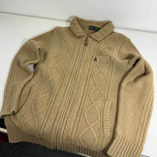 우먼M 빈폴 베이지 기본로고 모100% 카라넥 꽈베기니트집업