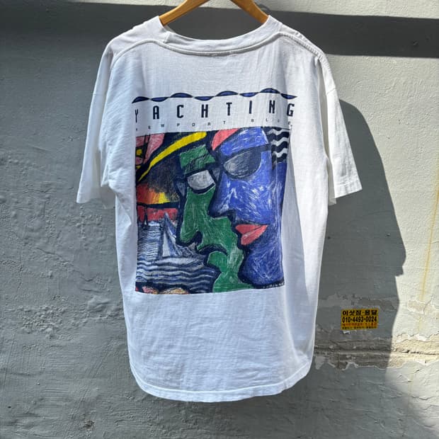  (L) 90s 오리지널 뉴포트 블루 빈티지 야팅 추상화 반팔 