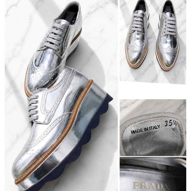 PRADA 메탈릭 실버 플랫폼 옥스포드 35.5 (굽 6cm)