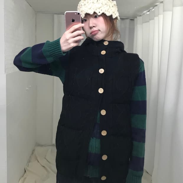 빈티지 모리 블랙 니트 패딩 조끼 베스트