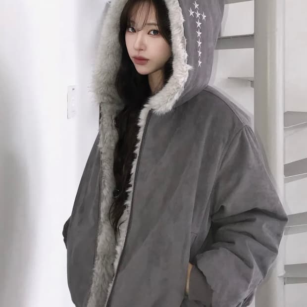 LUVISTRUE 러브이즈트루 EV 리버시블 퍼 후드 그레이