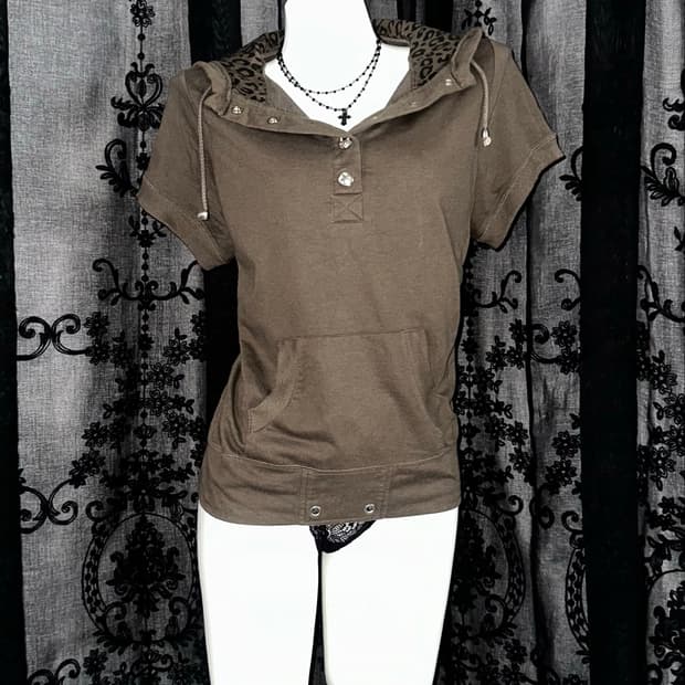 khaki leopard hooded short-sleeved
