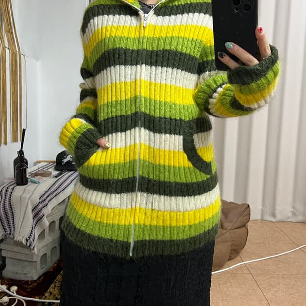 Roem 빈티지 여성 스트라이프 롱 니트집업 자켓 