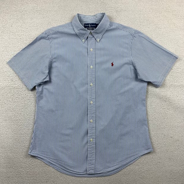 폴로 랄프로렌 포니로고 커스텀핏 시어서커 네이비 스트라이프 하프셔츠