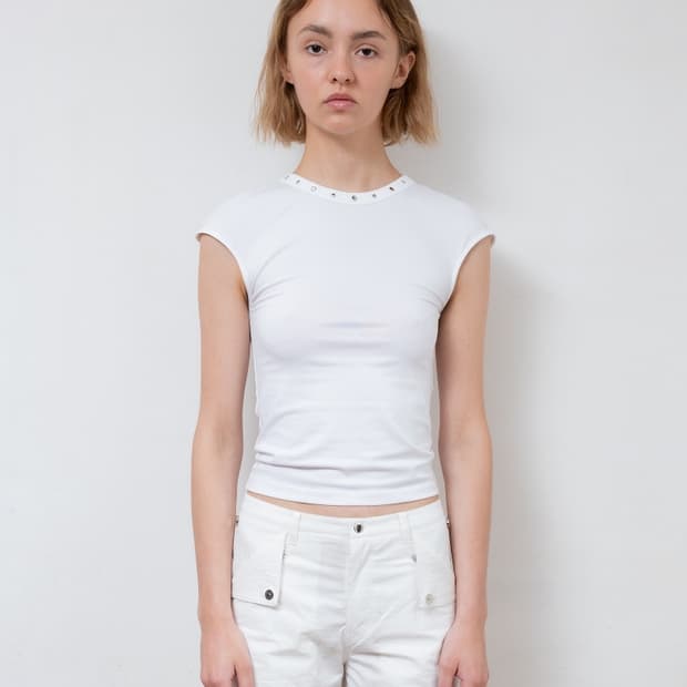 FABEUR 스터드 캡 슬리브 티셔츠 화이트