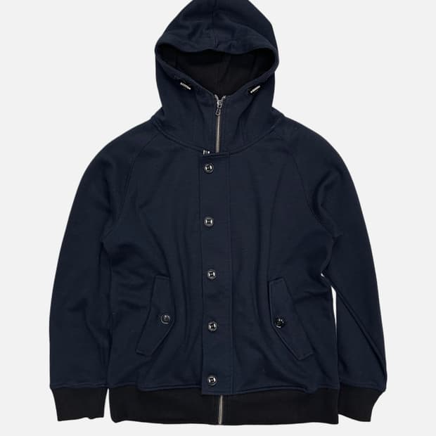 navy high-neck hood zip-up jacket