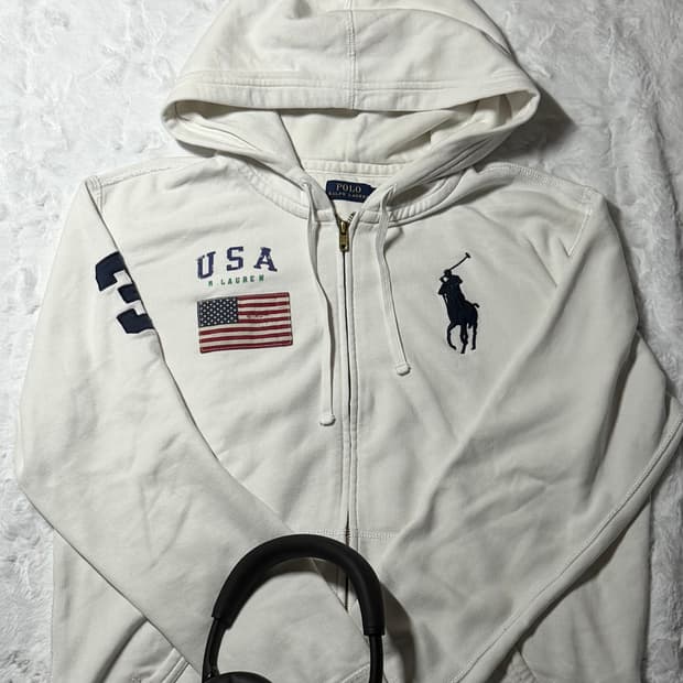 폴로 빅포니 성조기 화이트 후드집업 L 실사M