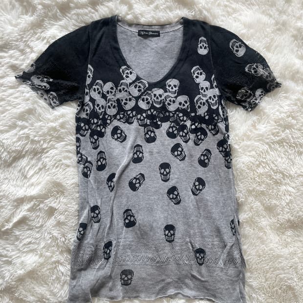 히스테릭 글래머 해골 스컬 올오버 그래픽 레이스 니트 반팔 티셔츠 튜닉