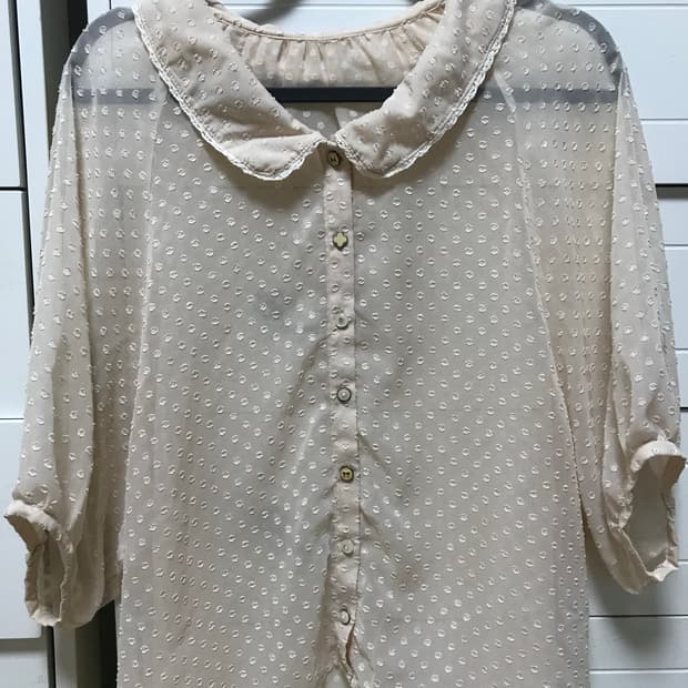 일본 빈티지 피치 핑크 둥근카라 둥카 도트 7부 블라우스