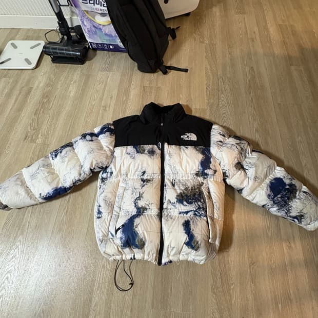 노스페이스 화이트 라벨티 눕시 다운 자켓 프린트 화이트 샌드