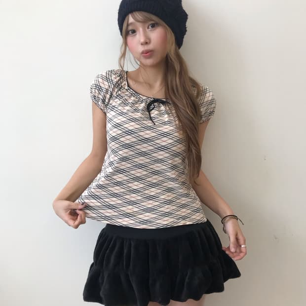 버버리 퍼프 체크 리본 반팔 티