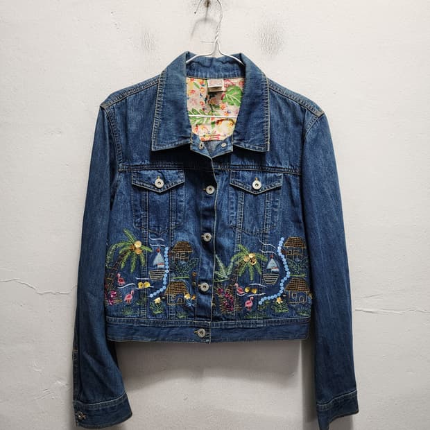 y2k 오일릴리 꽃자수 비즈 디테일 크롭 청자켓